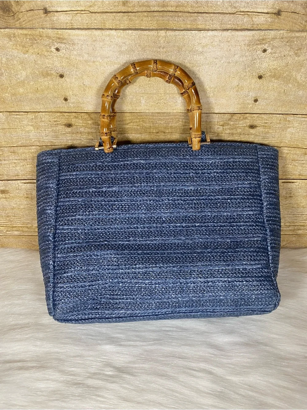 Haute Hippie Blue Straw Tote with Multicolor Floral Appliqués and Bamboo Handles